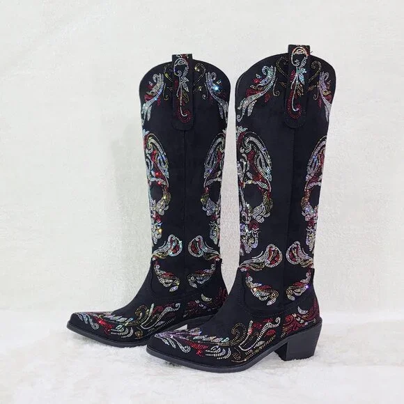 Muerto Country Western Cowgirl Boots Sparkling Iridescent Rhinestones Skull Red